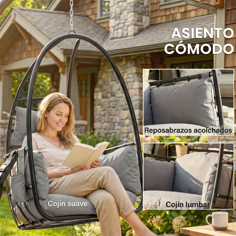 Outsunny Silla Colgante Huevo con Soporte Cesta Plegable Reposacabezas Cojín Bolsillo Lateral Carga 120 kg Gris Oscuro