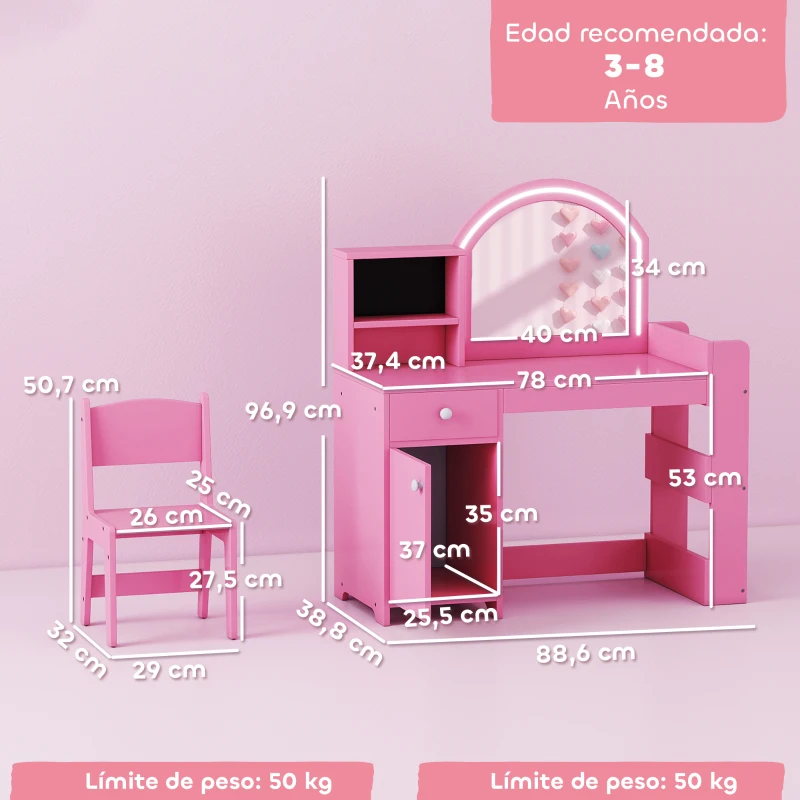 AIYAPLAY Tocador de Maquillaje Niña Tocador Infantil con Taburete y Espejo con Luces LED 1 Cajón Armario y 5 Estantes Rosa