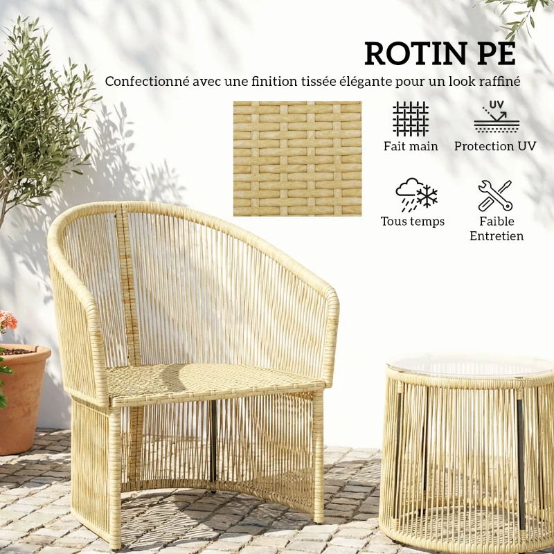 Outsunny Salon de jardin extérieur en résine tressée 2 personnes, table de jardin extérieure avec 2 chaises avec coussins, crème