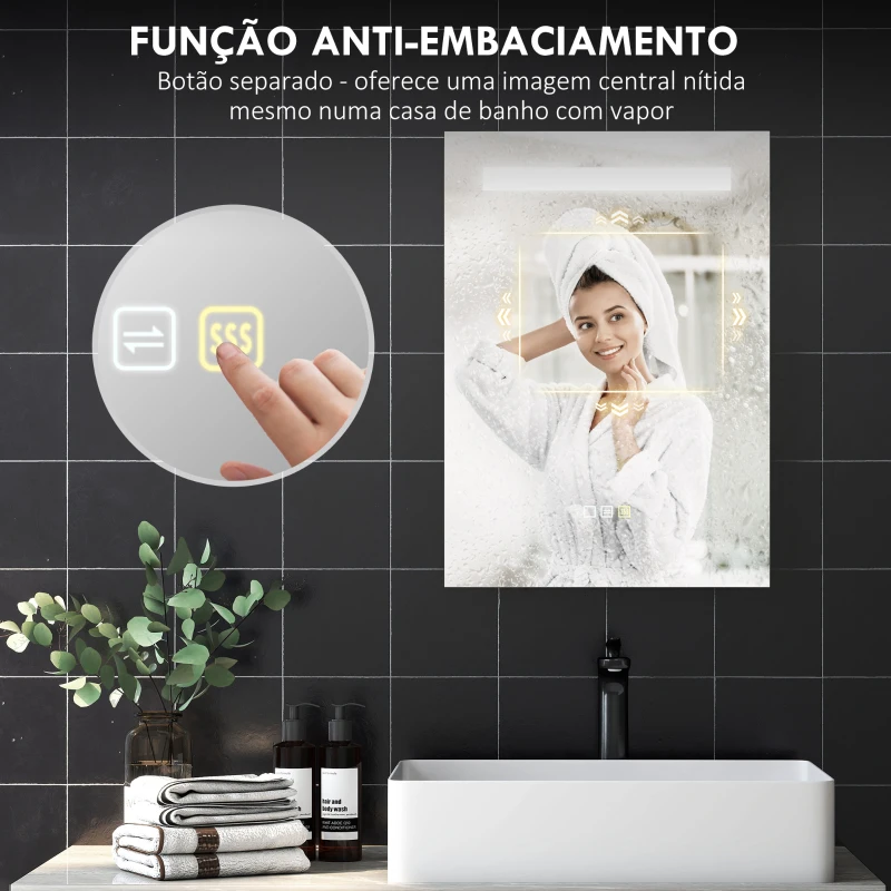 HOMCOM Espelho de Casa de Banho com Luz LED 70x50 cm 3 Cores de Luz Função Antiembaciamento Função de Memória IP44 Prata