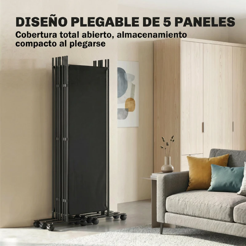 Outsunny Biombo Plegable de 5 Paneles con 12 Ruedas 252x170 cm Biombo Separador de Ambientes Montaje Personalizado Negro