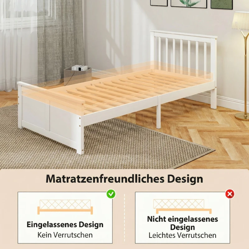HOMCOM Cadre de Lit 90x190cm en Bois Massif,  2 Tiroirs sur Roulettes, Tête de Lit, Pied de Lit, Sommier à Lattes, Blanc