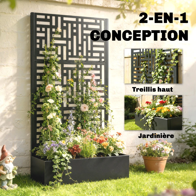 Outsunny Jardinière avec treillis, bac à fleurs en acier galvanisé avec brise-vue, trous de drainage, 90x40x180cm, noir