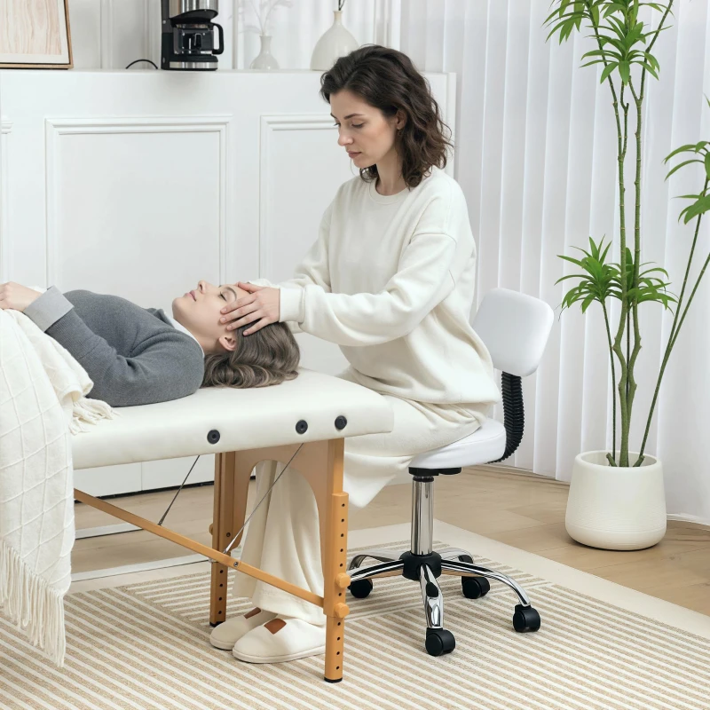 HOMCOM Taburete Giratorio con Respaldo y Ruedas Altura Regulable para Salones de Belleza Estudio de Tatuajes Blanco