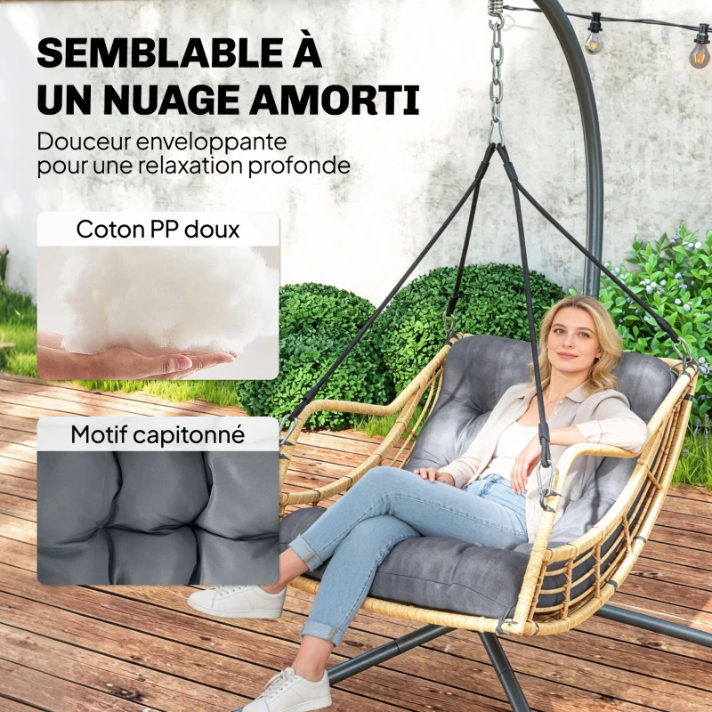 Outsunny Fauteuil suspendu en résine tressée avec support, chaise suspendue, coussin, attache de sécurité, hauteur réglable, gris