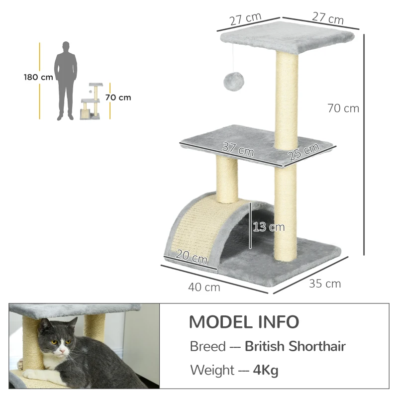 PawHut Árbol Rascador para Gatos Mediano de 3 Niveles con Rascador en Arco Plataformas Postes y Bola 40x35x72 cm Gris Claro