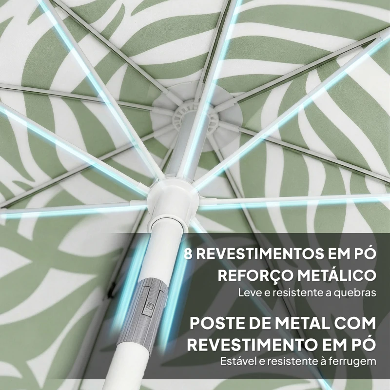 Outsunny Chapéu de Sol de Praia com Franjas Ø180 cm Altura Ajustável Inclinação Ancoragem na Areia e Bolsa de Transporte UPF30+ Verde