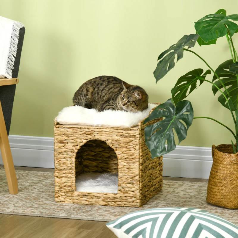 PawHut Niche pour chat 2 niveaux avec 2 coussins en jacinthe d'eau - 37,5 x 37,5 x 41,5 cm marron crème