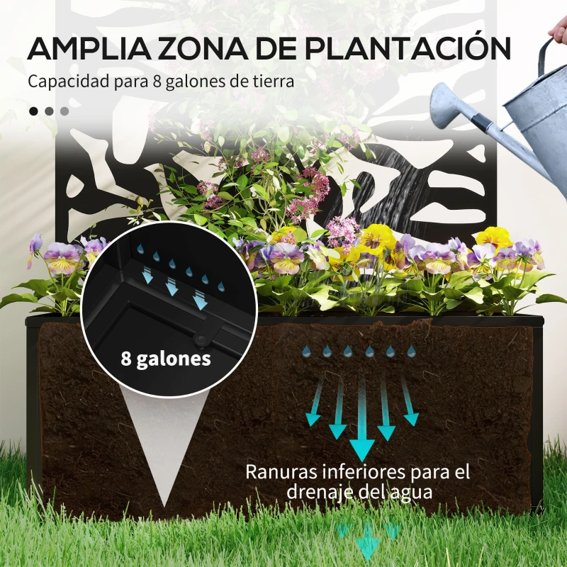 Outsunny Jardinera Elevada con Panel de Privacidad de Hojas Decorativas de Metal y Opción de Montaje en Pared 61x23x113 cm Negro