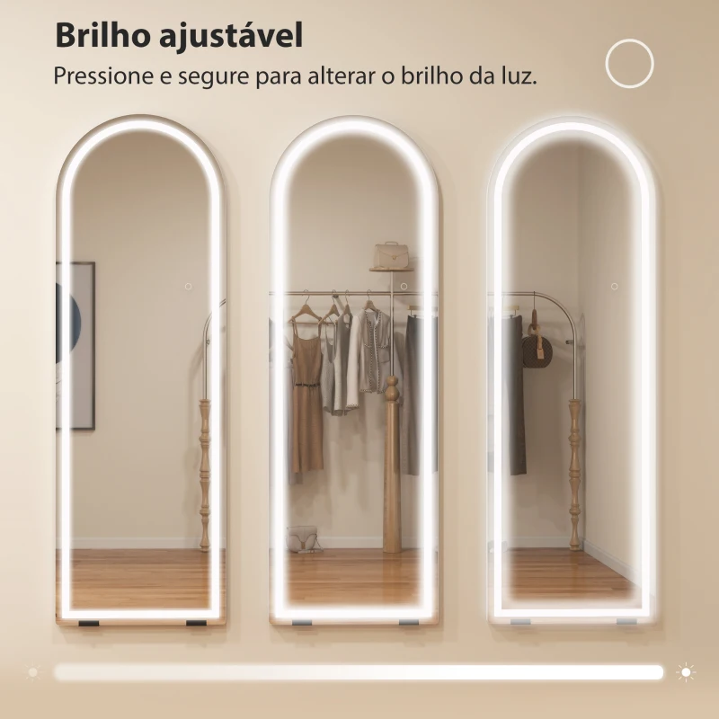 HOMCOM Espelho de Corpo Inteiro com Luzes 150x50 cm Arqueado Sem Moldura 3 Tons de Luz Brilho Ajustável Transparente