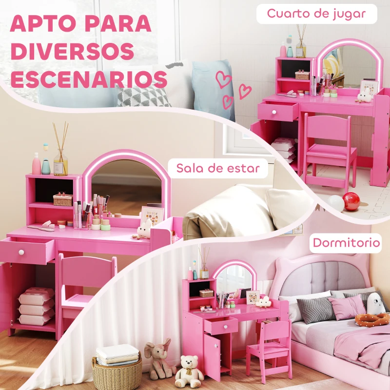 AIYAPLAY Tocador de Maquillaje Niña Tocador Infantil con Taburete y Espejo con Luces LED 1 Cajón Armario y 5 Estantes Rosa