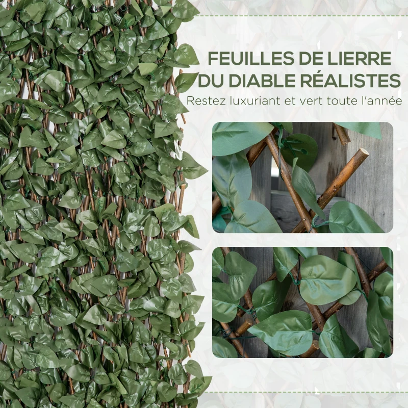 Outsunny Lot de 4 Haies Artificielles de Lierre Extensible, Feuilles Murale Brise-vue en Polyester Osier, 200 x 100 cm, Vert