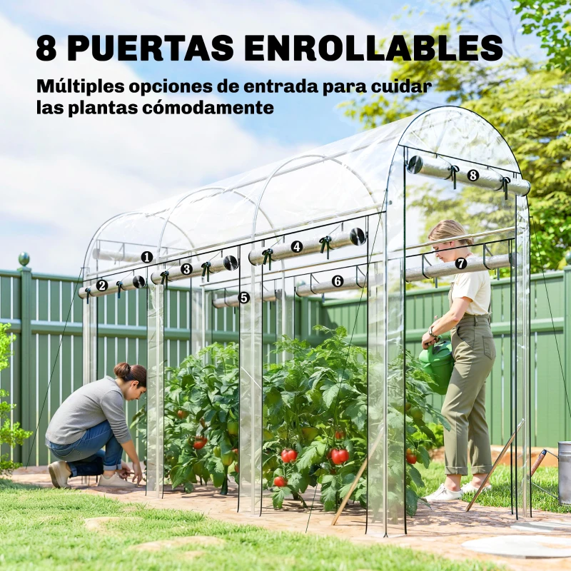 Outsunny Invernadero de Túnel 3x1x2 m con 8 Puertas Enrollables y Estructura de Acero Galvanizado Anti-UV Transparente