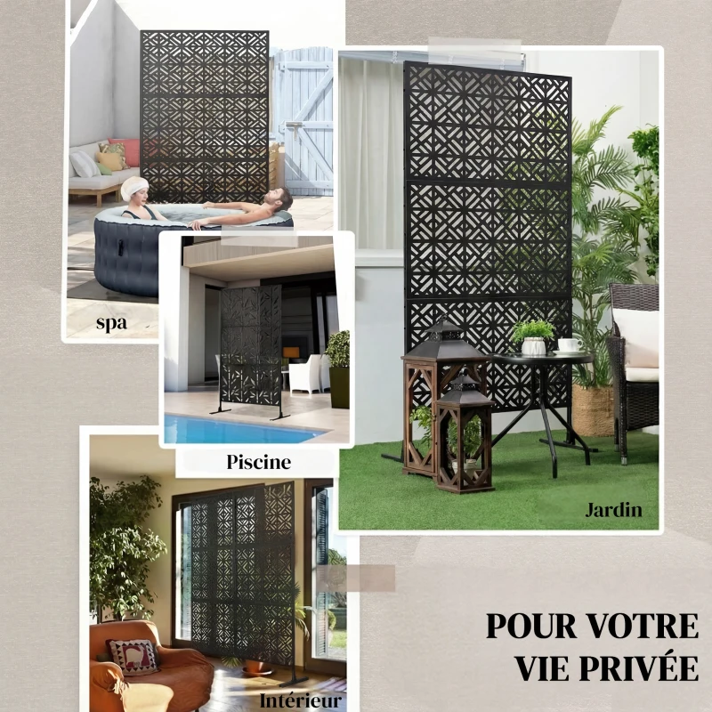 Outsunny Panneau Brise Vue décoratif Extérieur Claustra Décoratif Jardin 3 Panneaux à motif géométrique métal 92x40x192cm Noir