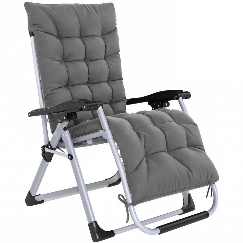 Outsunny Chaise Longue Pliable Bain de Soleil fauteuil relax jardin inclinable Grand Confort avec Matelas, tétière, accoudoirs métal époxy Polyester Gris