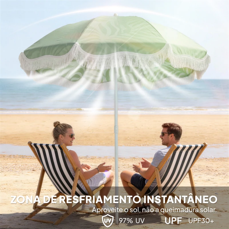 Outsunny Chapéu de Sol de Praia com Franjas Ø180 cm Altura Ajustável Inclinação Ancoragem na Areia e Bolsa de Transporte UPF30+ Verde