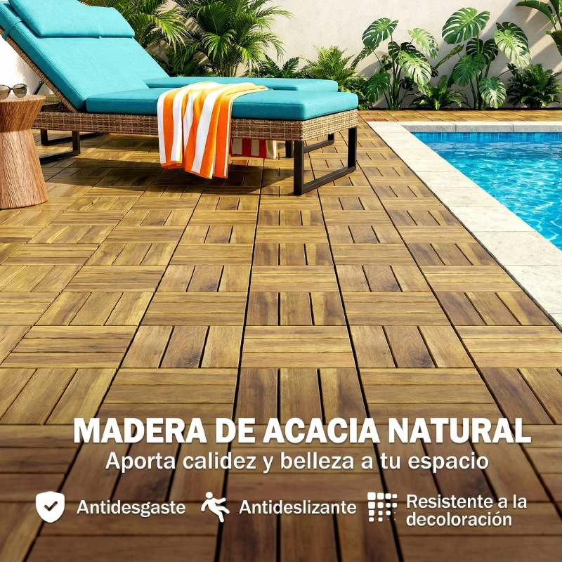 Outsunny Set de 10 Piezas Baldosas de Exterior de Madera 31x31 cm 0,91 m² Suelo de Jardín Exterior Antideslizantes Natural