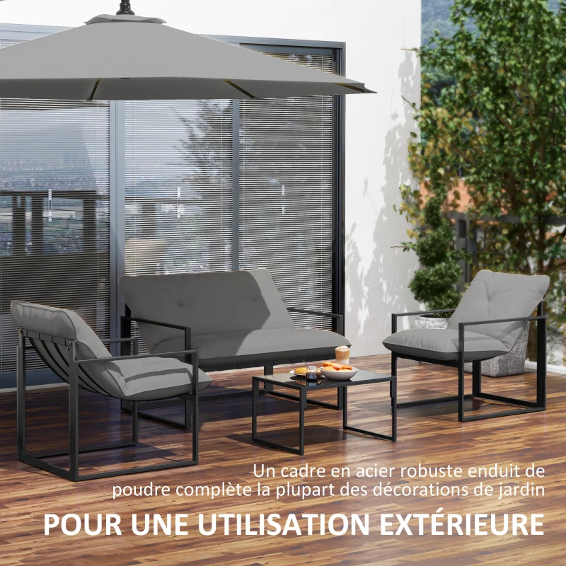 Outsunny Salon de jardin 4 pièces 4 personnes avec canapé 2 places, 2 fauteuils et 1 table basse gris