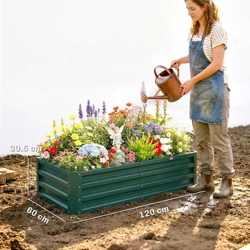 Outsunny Strat de Grădină Ridicat fără Bază, cu Strat Impermeabil, din Oțel Zincat, 120x60x30,5 cm, Verde