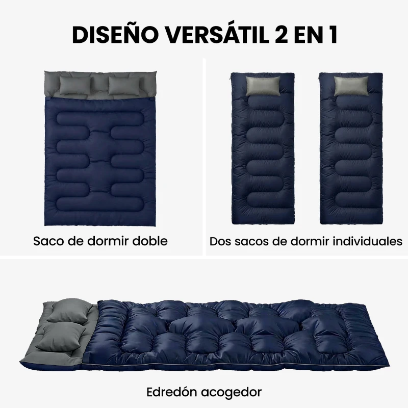 Outsunny Saco de Dormir Doble para Adultos Tamaño Queen para 2 Personas con 2 Almohadas y Bolsa Transporte Azul Oscuro