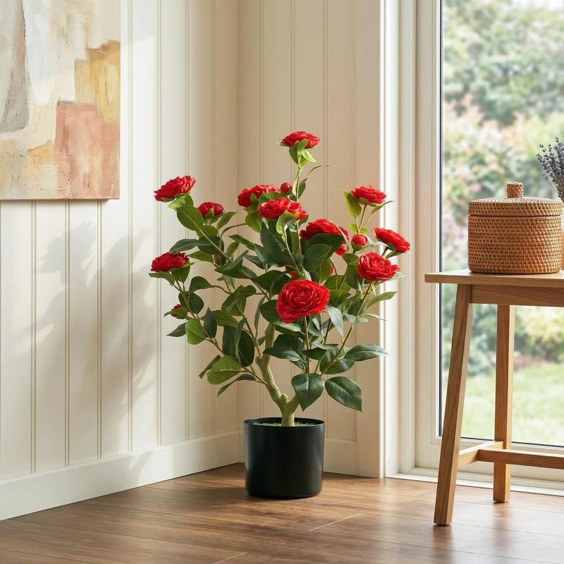 HOMCOM Plantă Artificială de Camelie 65 cm Arbore Artificial în Ghiveci cu Flori din Mătase Realiste 116 Frunze Efect Mușchi Roșu