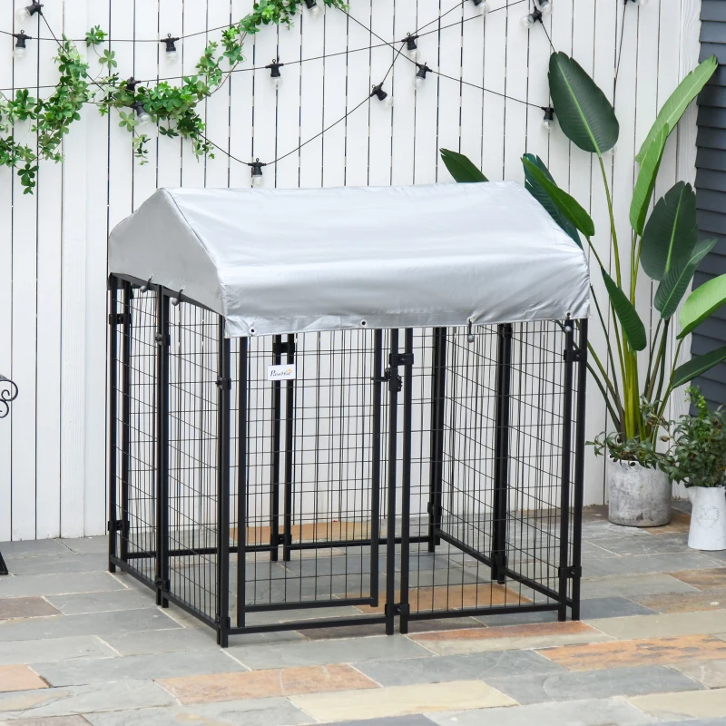 PawHut Chenil extérieur avec toit enclos extérieur pour chien conception verrouillable cadre en métal 120 x 120 x 138cm noir