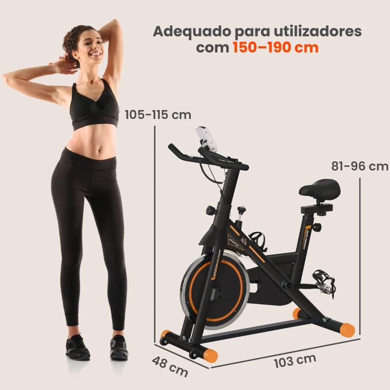 HOMCOM Bicicleta Estática com Resistência Ajustável Volante de Inércia de 8kg Ecrã LCD Assento e Guiador Ajustáveis 103x48x115cm Preto e Laranja
