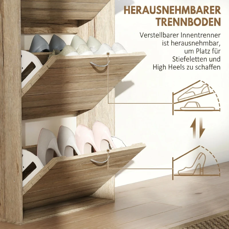 HOMCOM Zapatero Estrecho con 3 Puertas Abatibles Zapatero Entrada Recibidor Estantes Ajustables para 12 Pares de Zapatos Roble