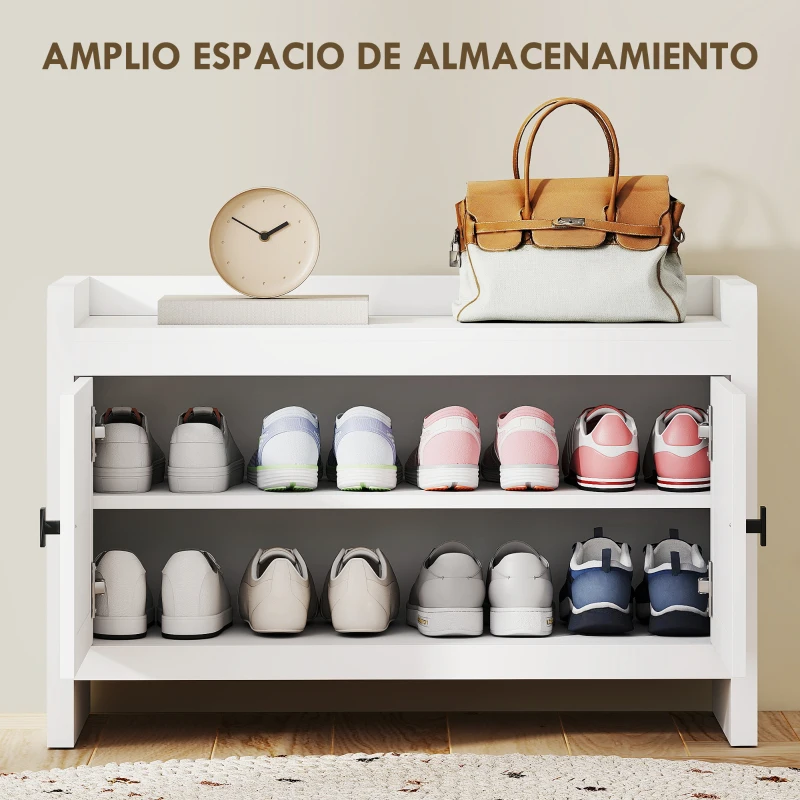 HOMCOM Banco Zapatero con Puertas Frentes de Ratán Balda Extraíble para Entrada o Dormitorio 80x35x52 cm Blanco y Beige