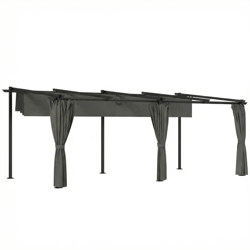 Outsunny Pergola rétractable avec rideaux latéraux, tonnelle de jardin en métal avec protection solaire UPF30+, gris foncé