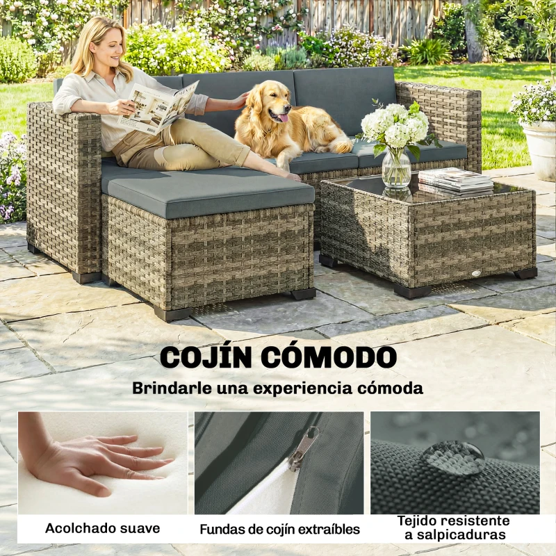Outsunny Conjunto de Jardín Exterior de Ratán 5 Piezas con Cojines 2 Sillones de Esquina Sillón sin Brazos Reposapiés y Mesa