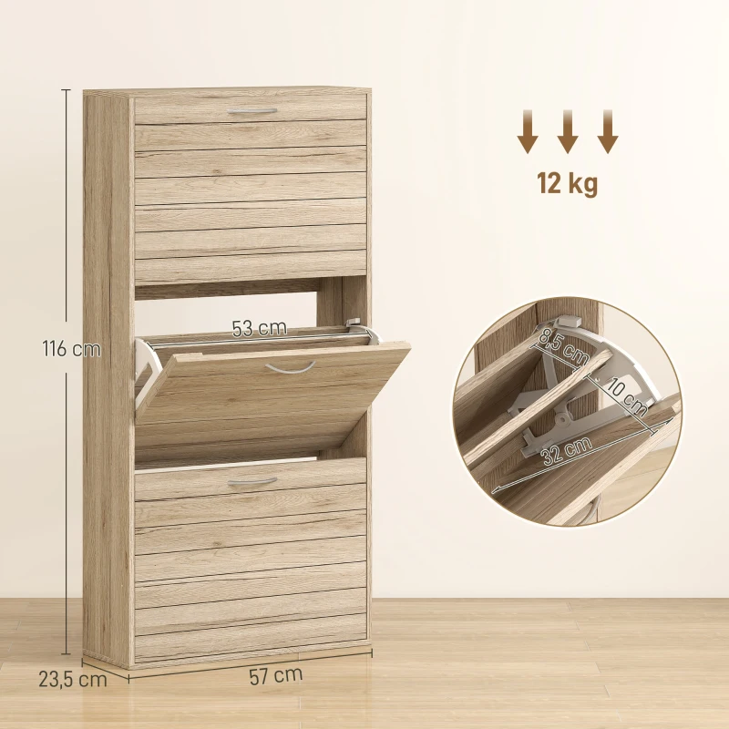 HOMCOM Zapatero Estrecho con 3 Puertas Abatibles Zapatero Entrada Recibidor Estantes Ajustables para 12 Pares de Zapatos Roble