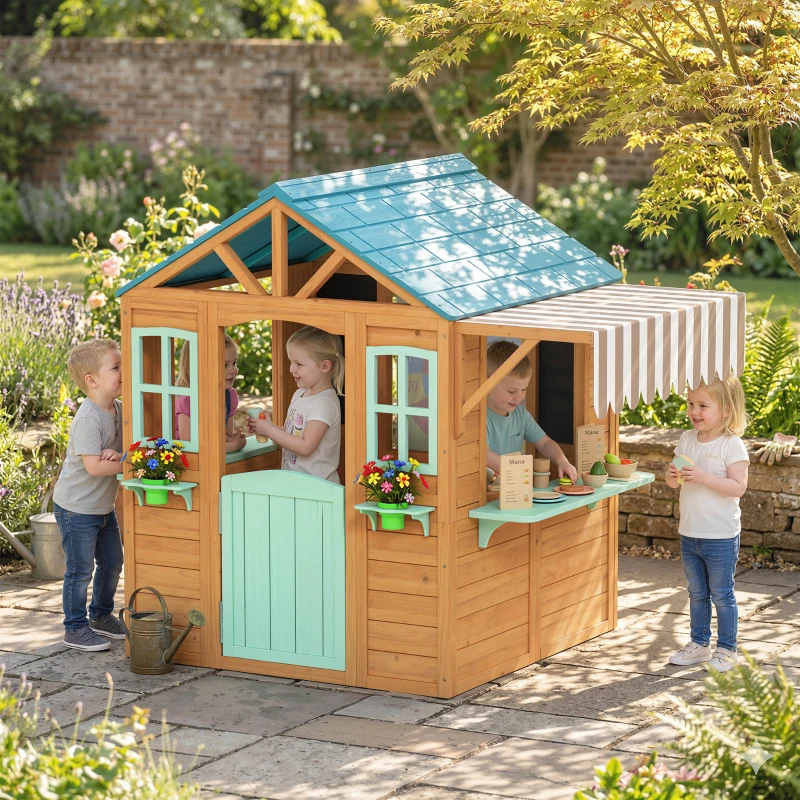 AIYAPLAY Cabane enfant extérieur en bois, maison enfant extérieure, porte-pots, tableau noir, jeu de lancer 4 balles, multicolore