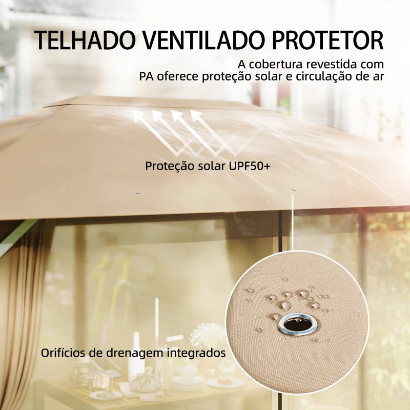 Outsunny Carpa para Jardim 3x4 m com Telhado Ventilado, 4 Painéis e 4 Mosquiteiras UPF50+ para Exterior, Terraço Caqui
