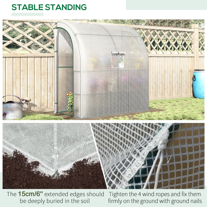 Outsunny Walk-In Lean to Wall Greenhouse - with Windows and Doors, 2 Tiers, 4 Wired Shelves, 200L x 100W x 215H cm, White