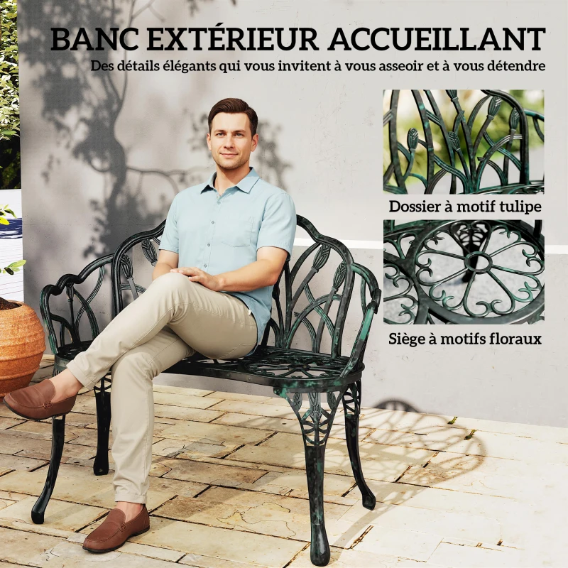 Outsunny Banc de jardin en aluminium moulé, banc extérieur 2 places avec dossier tulipe, assise florale, 99x57x78cm, vert antique