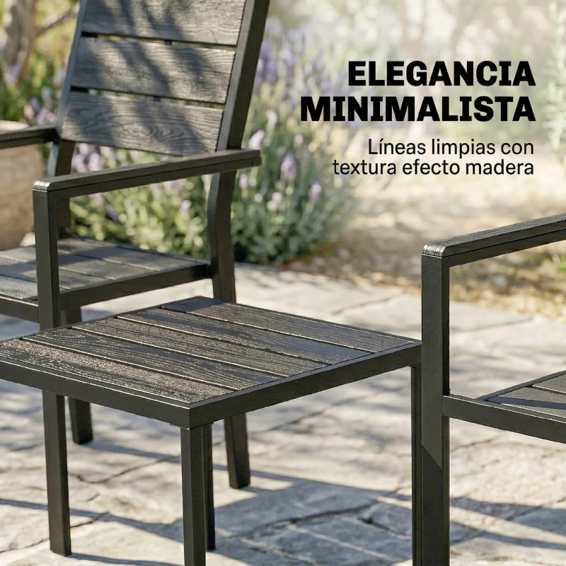 Outsunny Conjunto de Jardín de 3 Piezas con 2 Sillas y Mesa de HDPE Diseño Listones Efecto Madera para Patio Balcón Negro