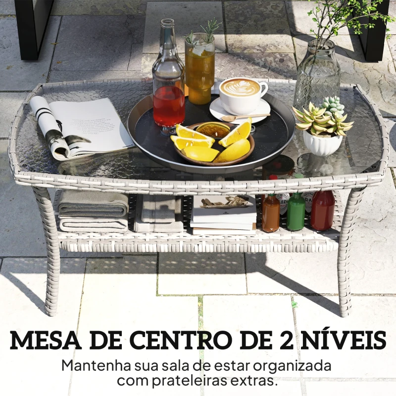 Outsunny Mesa de Jardim Exterior Retangular em Vime com Prateleira Tampo de Vidro Temperado Ondulado 90x50x45 cm Cinzento Escuro