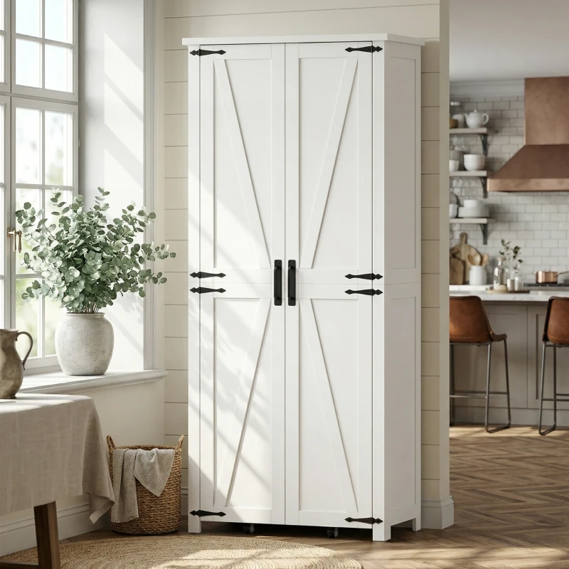 HOMCOM Buffet alto de cocina, armario de cocina, 2 puertas con ruedas, 6 compartimentos, 14 soportes en puertas, estantes regulables, blanco