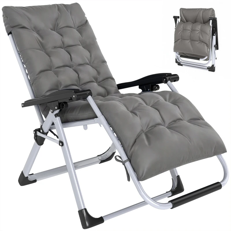 Outsunny Chaise Longue Pliable Bain de Soleil fauteuil relax jardin inclinable Grand Confort avec Matelas, tétière, accoudoirs métal époxy Polyester Gris