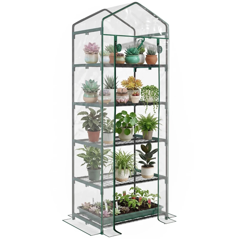 Outsunny Mini Serra da Giardino e Terrazza per Piante a 5 Ripiani in Acciaio con Copertura in PVC, 69x49x193 cm, Verde