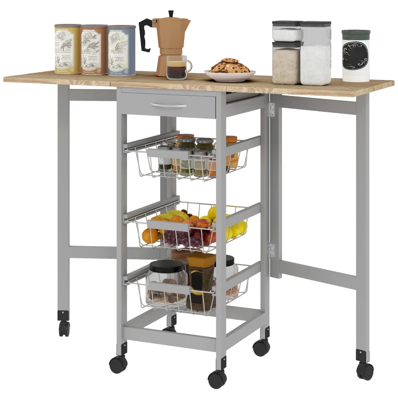 HOMCOM Carrito Auxiliar Plegable Carrito de Cocina con 6 Ruedas 1 Cajón y 3 Cesta de Metal 97,2x37x77,5 cm Gris y Roble