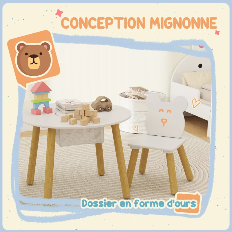 AIYAPLAY Ensemble 1 table ronde, 2 chaises pour enfant 3 pièces, dossier en forme d'ours, activités, bricolage, repas, 3-6 ans