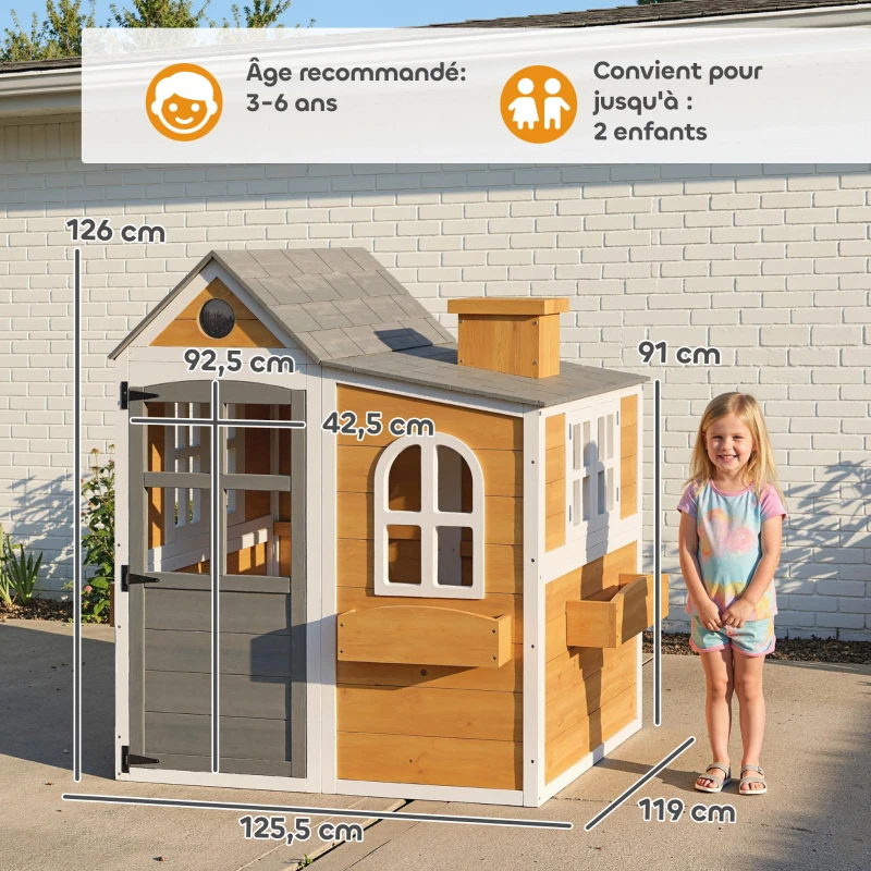AIYAPLAY Cabane enfant extérieur en bois, maison enfant extérieure/intérieure avec porte, fenêtres, 3 bacs à fleurs, jaune
