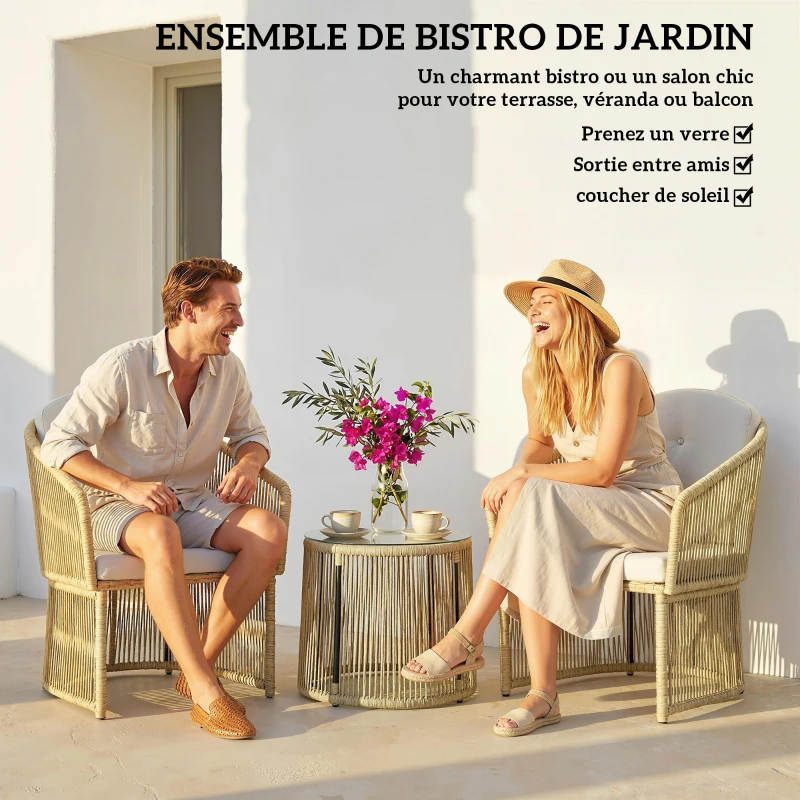 Outsunny Salon de jardin extérieur en résine tressée 2 personnes, table de jardin extérieure avec 2 chaises avec coussins, crème