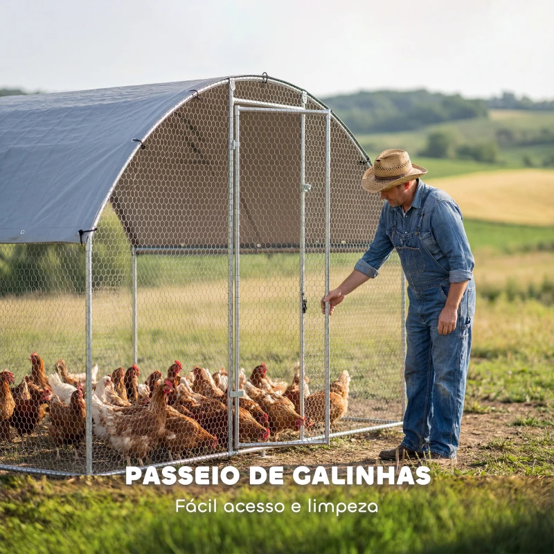 PawHut Galinheiro para Exterior 2,8x1,7x1,9 m Cobertura em Tecido Oxford Anti-UV Impermeável Fechos para 5-8 Galinhas Prata