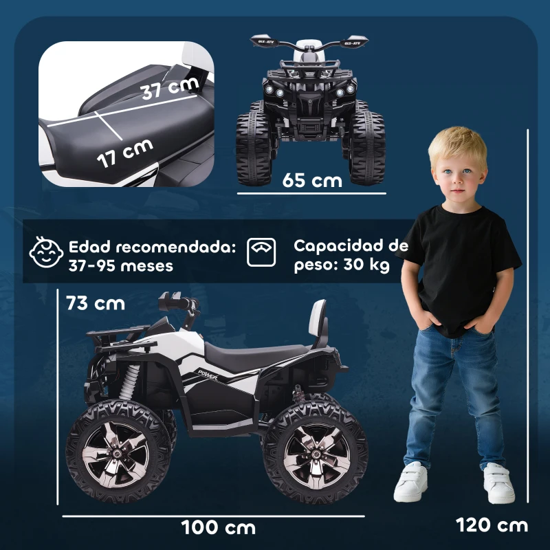 HOMCOM Quad Eléctrico para Niños 12V Quad para Niños de 3–5 Años con 2 Motores Velocidad 3–8 km/h Música Faros LED USB Blanco