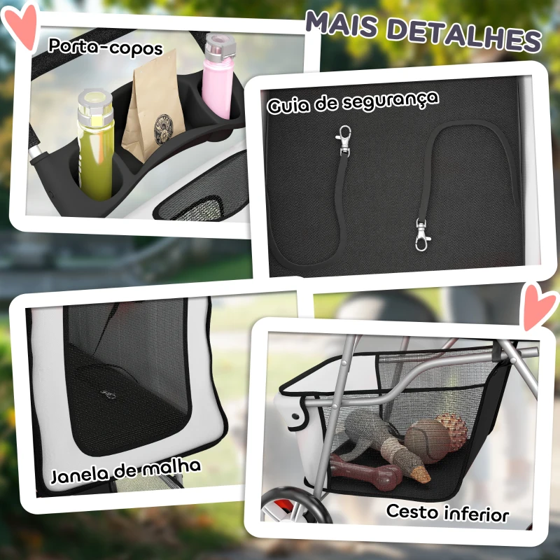 PawHut Carrinho de Passeio para Animais de Estimação Dobrável com Cesta de Armazenamento e Travão 77x44x102 cm Cinza