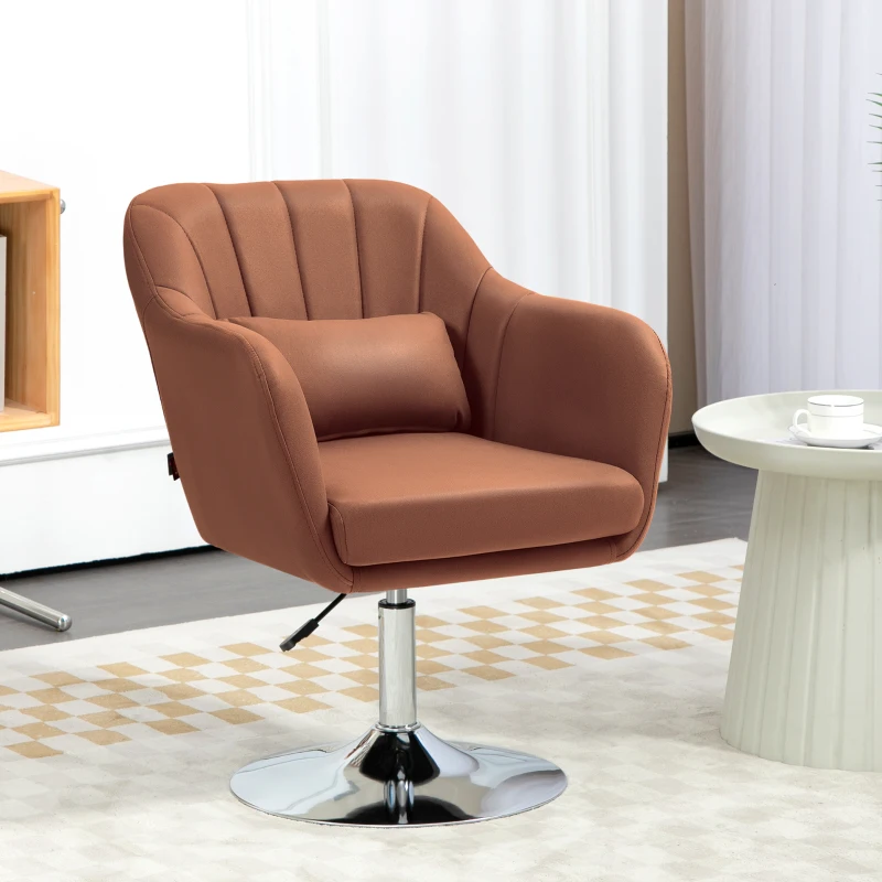 HOMCOM Fauteuil de salon coussins lombaires hauteur réglable pivotant 360° piètement en métal marron