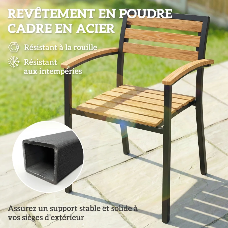 Outsunny Lot de 2 Chaises de Jardin Empilables en Acier, Accoudoir Assise et Dossier en Bois Massif à Lattes, 56x59x84cm, Naturel
